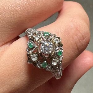 Art Deco 925 Sterling Silver Clear And Green Gemstone Vermeil Ring 9